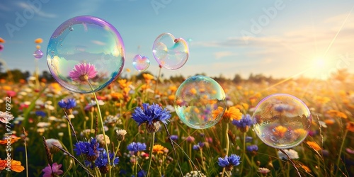 Bright Soap Bubbles Reflecting Sunlight Over a Wildflower Meadow at Sunrise for Dreamy Summer Backgrounds and Nature Themes