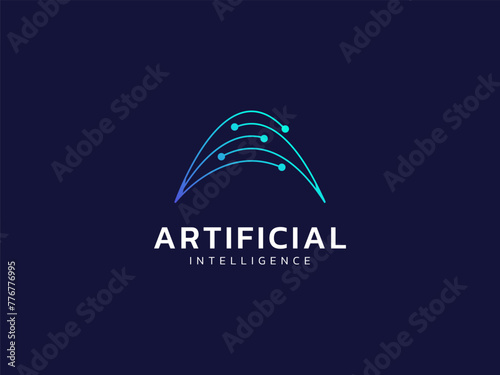 Artificial intelligence with letter A curved Network lines technology Analysis logo vector design concept. AI technology logotype symbol for advance technology, tech company, identity, innovation, ui.