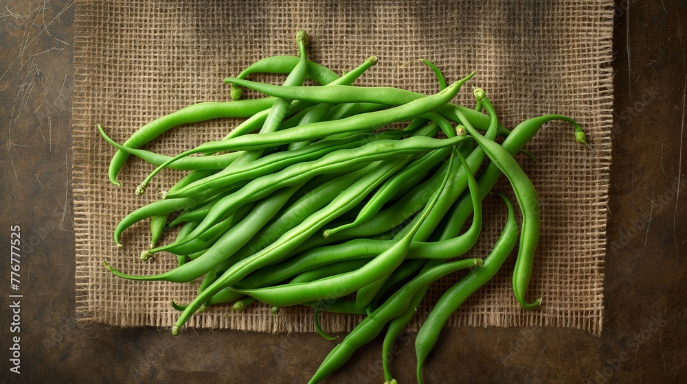 Raw Green Beans Spread on Hessian Fabric Raw Green Beans Spread on Hessian Fabric