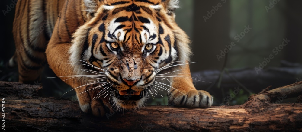 Naklejka premium The majestic tiger carefully maneuvers on a wooden log amidst the dense foliage of the forest