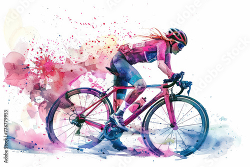 Pink watercolor painting of side view woman cyclist in road bike
