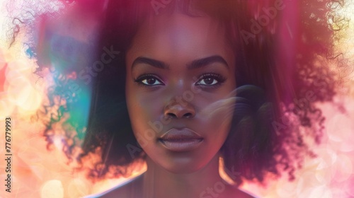 A digital artwork depicting a womans face in high detail, showcasing intricate features like eyes, nose, lips, and skin tones. 