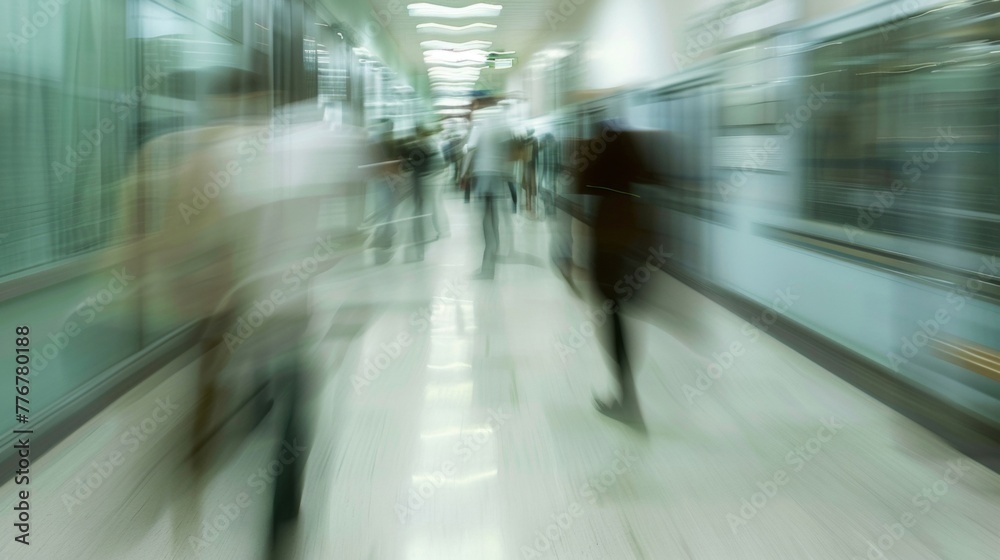 In this blurry scene, a group of individuals is seen walking briskly down a hallway, their figures slightly distorted by motion. T In this blurry scene, a group of individuals is seen walking briskly down a hallway, their figures slightly distorted by motion. T