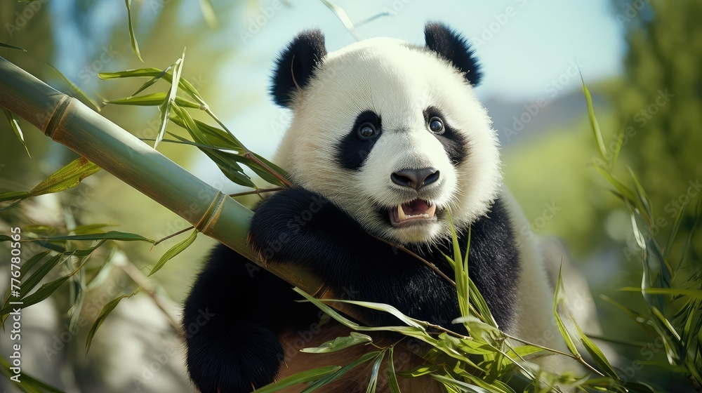 Obraz premium playful panda bear with bamboo