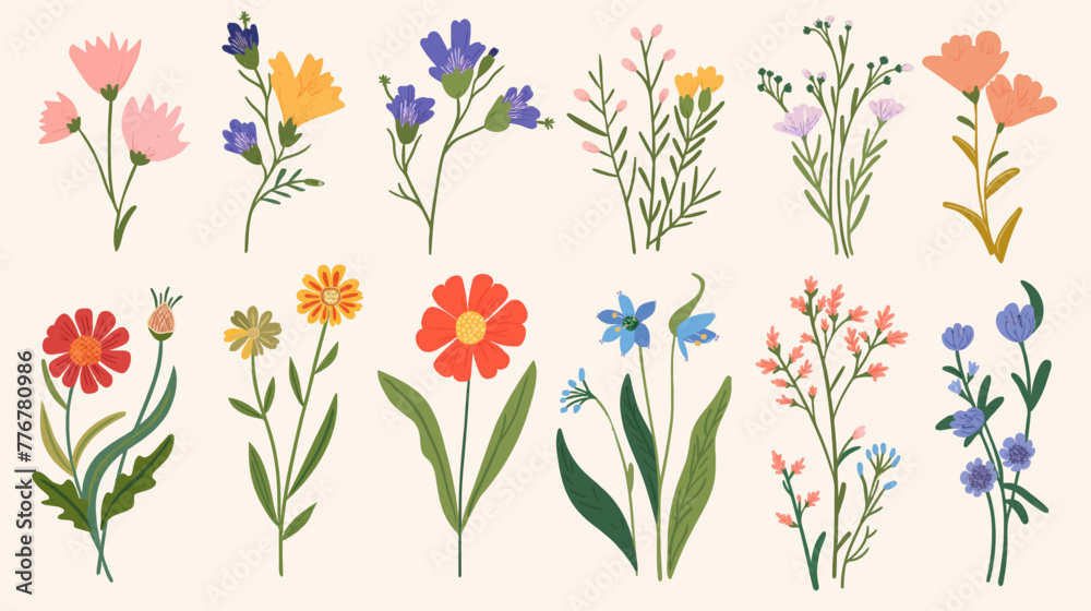 Fototapeta premium Hand drawn abstract wildflowers flowers and leaves flat icons set. Floral design with ornaments. Spring flowers blossom. Beautiful bouquet. Color isolated illustrations