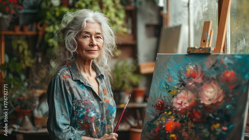 an artistic retired woman standing in front of an easel and doing an oil painting,generative ai