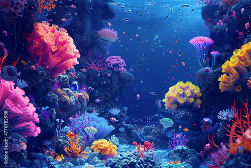 Design an abstract cartoon scene inspired by underwater life  featuring surreal sea creatures and coral formations 