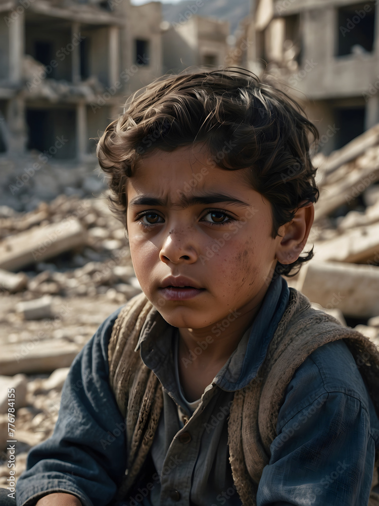 A kid in front of rubble buildings, with empty eyes and tattered clothing, symbolizing the lost to shelter and home A kid in front of rubble buildings, with empty eyes and tattered clothing, symbolizing the lost to shelter and home