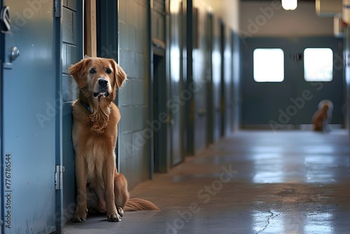 Golden Retriever Awaits in Welcoming Pet Boarding Facility Hallway