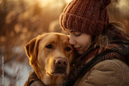 Cherished Moment of Affection between Beloved Dog and Owner in Snowy Outdoors