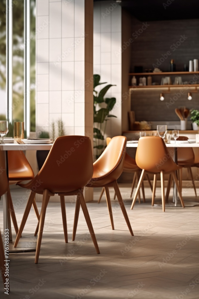 Restaurant with brown chairs and window Restaurant with brown chairs and window