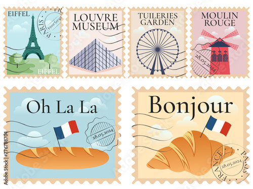 France Paris postage stamps with Eiffele, Louvre, Moulin Rouge, Food
