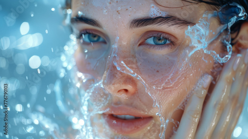 a close-up woman washing her face with water in the sink generative ai