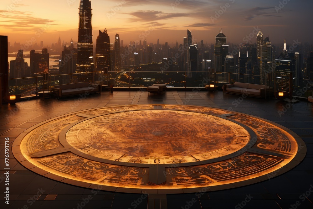 helipad on the rooftop of a towering skyscraper, with a panoramic view of the city skyline and surrounding landscape, the helipad bathed in the warm glow of sunset with golden hour lighting
