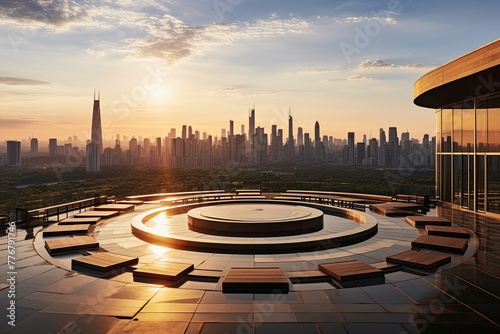 helipad on the rooftop of a towering skyscraper, with a panoramic view of the city skyline and surrounding landscape, the helipad bathed in the warm glow of sunset with golden hour lighting photo