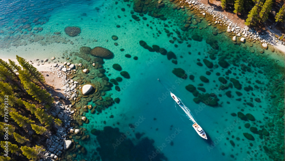 Drone aerial of boat in clear blue water 