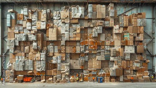 Sustainable cardboard factory: workers gather recycled materials for corrugated box production, emphasizing green practices.generative ai