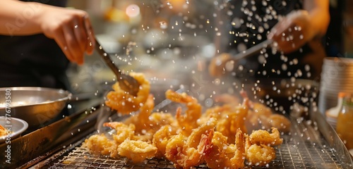 Delicate tempura seafood emerges from bubbling oil, its golden crust glistening under kitchen lights. 