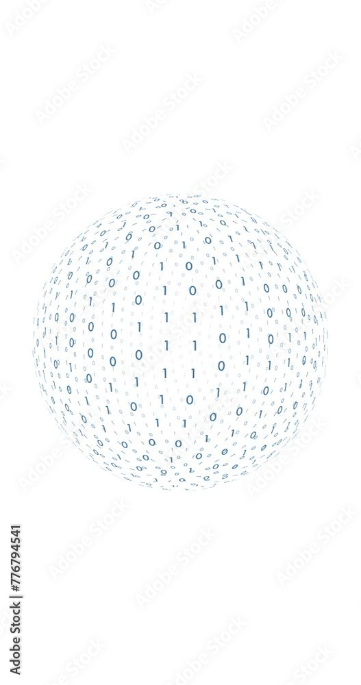  Loop 3d sphere with binary numbers rotation on clean white vertical background.