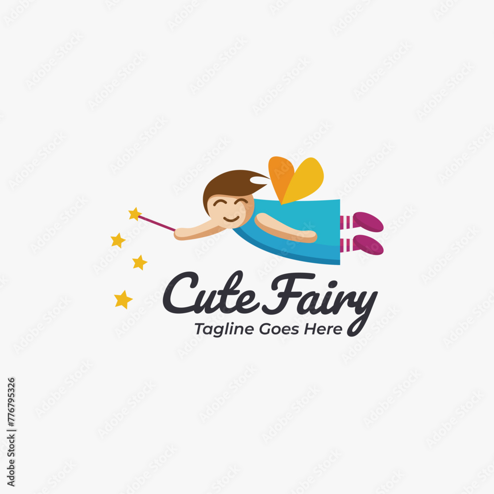 Flying young fairy logo mascot cartoon vector template on light background Flying young fairy logo mascot cartoon vector template on light background