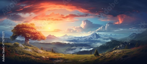 Scenic artwork depicting a colorful sunset over a majestic mountain range, featuring a single tree in the foreground