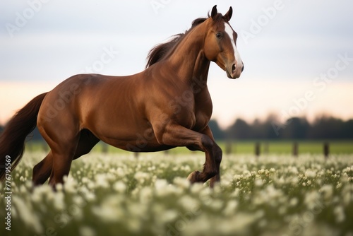 a horse running in a field of flowers
