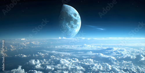 A breathtaking view of the moon and clouds in the night sky  creating an ethereal and peaceful atmosphere.
