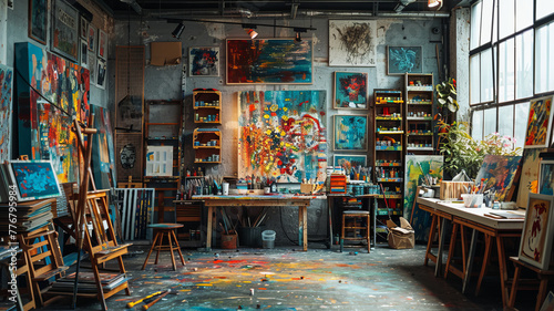 Art studio with an artist surrounded by canvases, paint, and creative tools.generative ai