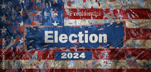 Presidential Election 2024" boldly written over a weathered American flag, symbolizing democracy's endurance. 