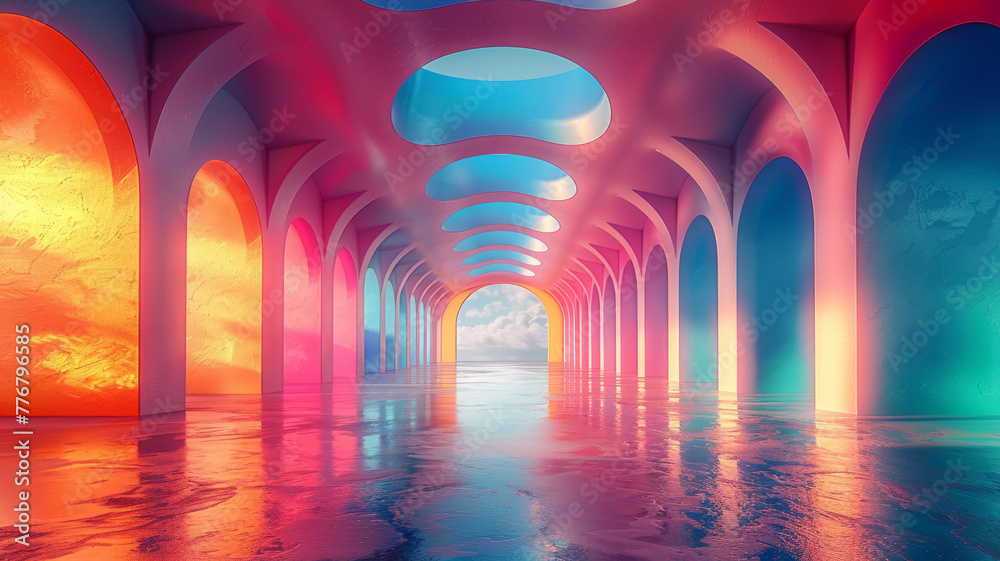 rainbow pastel 3d arch in the clouds, surreal room with rainbow colored floor and sky,generative ai