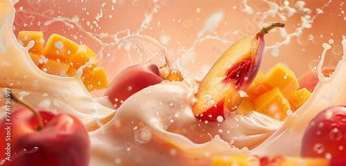 Fresh peach and mango slices dive into creamy yogurt, creating a vibrant, swirling splash. 