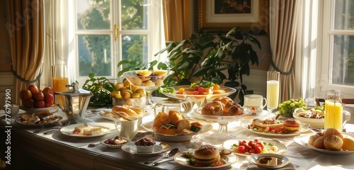 The morning sun illuminates a sumptuous breakfast spread in a deluxe hotel room setting. 