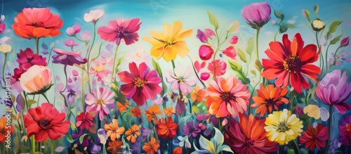 Vibrant artistic depiction of a picturesque field of colorful flowers under a clear blue sky in the background © AkuAku
