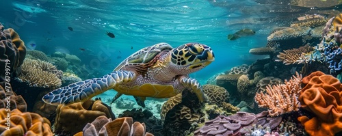 Sea turtle making its way through a maze of coral
