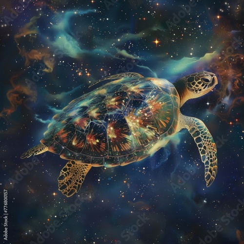 Sea turtle with galaxy-patterned shell swimming in cosmic waters