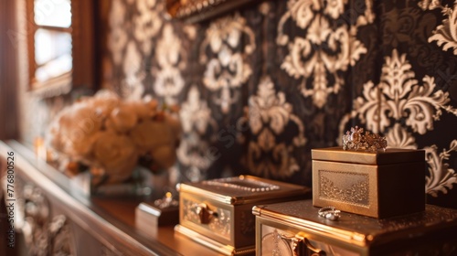A touch of oldworld elegance with golden podiums shining against a backdrop of intricate damask wallpaper and vintage jewelry boxes . . photo