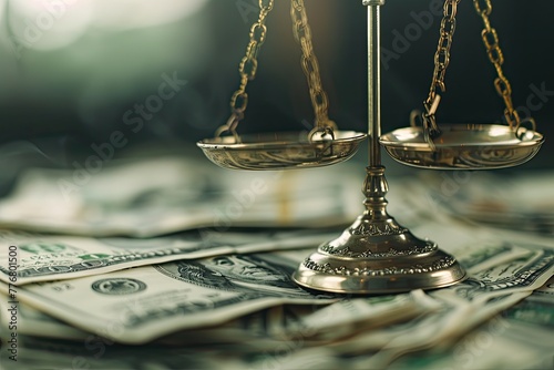 The scales of justice resting on a background of US currency, symbolizing the intersection of law and finance. photo