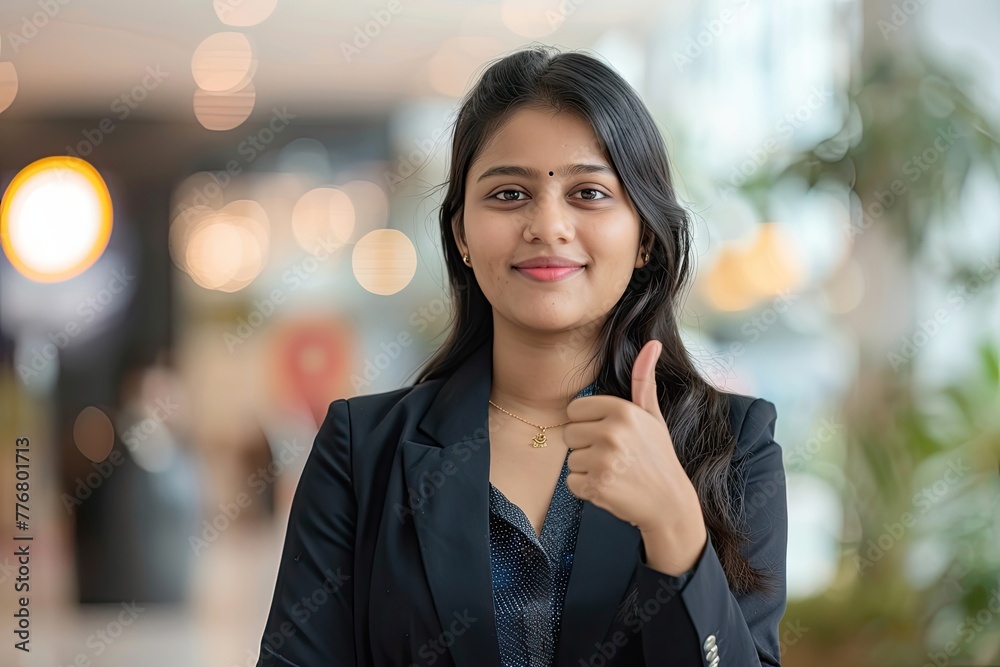 Young professional Indian woman smiling and giving a thumbs up gesture, showing confidence and positivity in a busy environment. Young professional Indian woman smiling and giving a thumbs up gesture, showing confidence and positivity in a busy environment.
