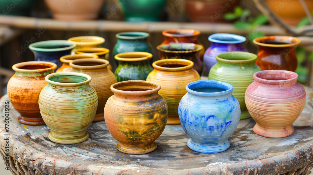 Hand-painted pottery pieces with unique patterns sit on a wooden shelf, showcasing the diversity of traditional artisan skills