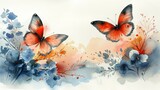 watercolor corner accents of small pastel and muted pastel floral and follaige and delicate butterflies on isolated white background