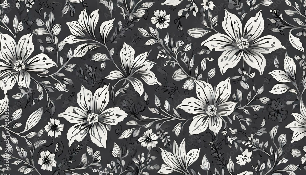 black and white floral pattern on a dark background