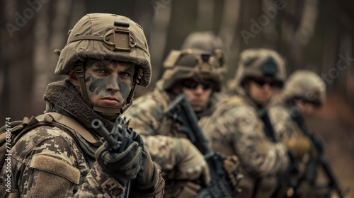 A group of armed soldiers in camouflage gear with focused expressions ready for duty © road to millionaire