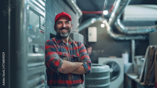 A smiling man in a red cap and plaid shirt with arms crossed, standing in an industrial setting with machinery.