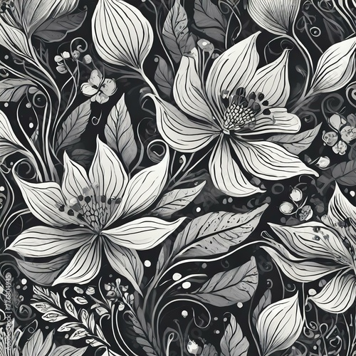 black and white floral pattern on a dark background