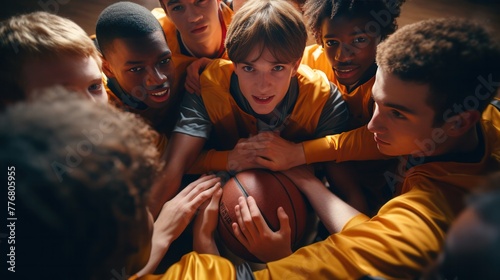 A diverse group of young basketball players huddle, showing teamwork and determination, hands united over a basketball, focused and ready. © kittikunfoto