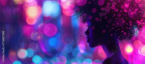 A silhouette of a woman is depicted against a vibrant, multicolored background. The womans figure is dark against the bright, colorful hues of the backdrop.
