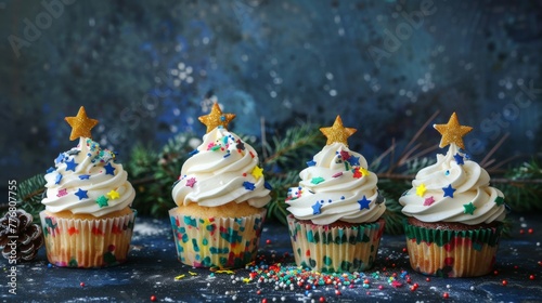 Four cupcakes topped with white frosting and colorful sprinkles are displayed on a white plate. The cupcakes are perfectly baked and decorated  making them a delightful treat.