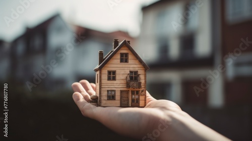 hand holding wooden house, blurred background, owning and buying a home concept, real estate expression