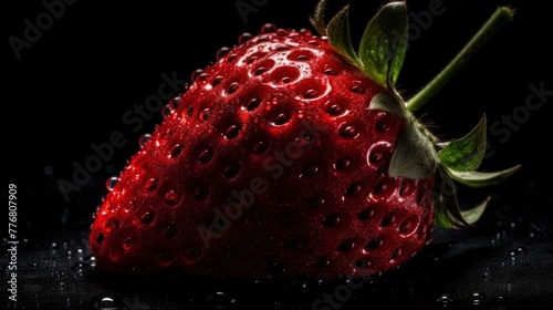 fresh strawberry with water drop splashes on black, close up shot