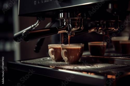 espresso machine pouring espresso, close up shot, cinematic dark color theme